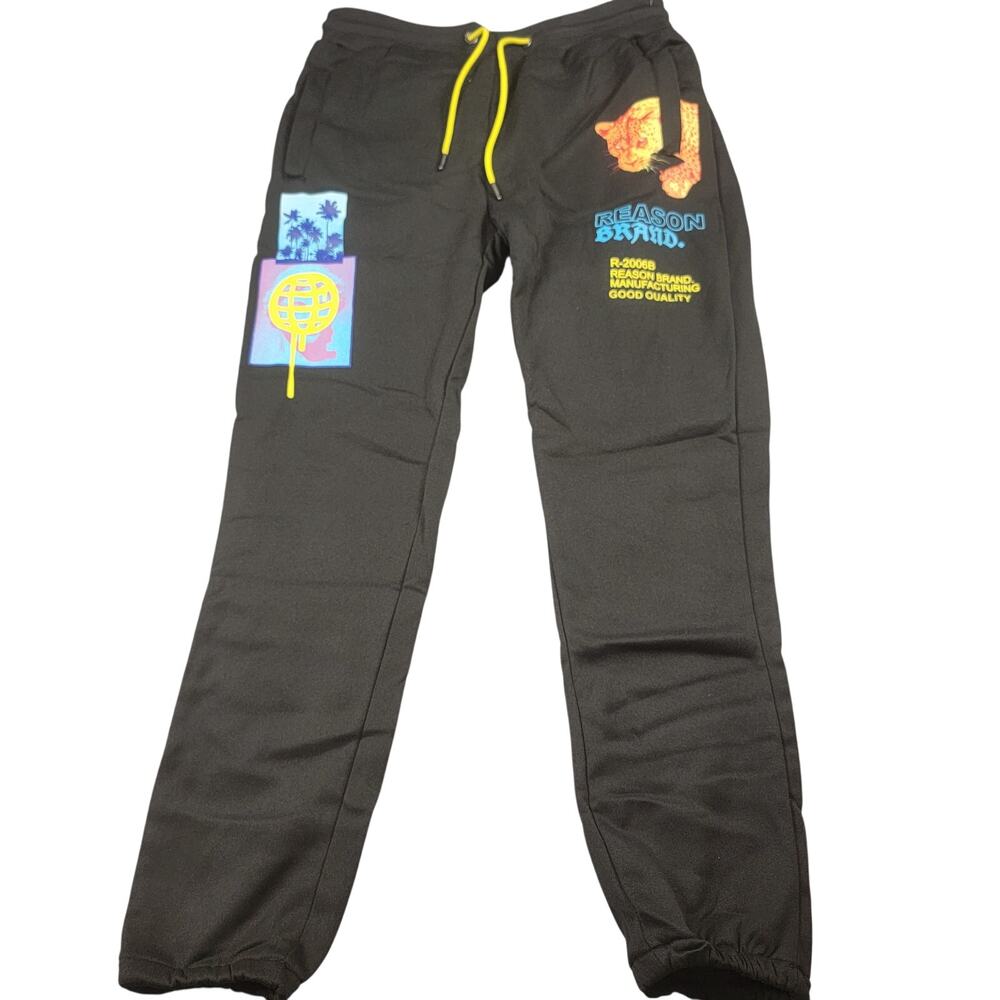 Reason Brand Mens Jogger Sweatpants Large Black Leopard Graphic NWT